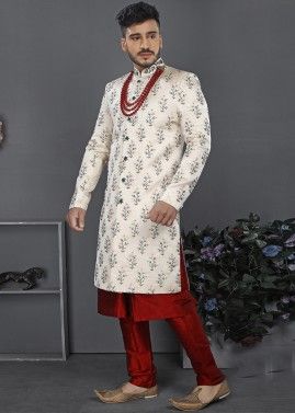 White Readymade Jacquard Sherwani With Kurta Pajama