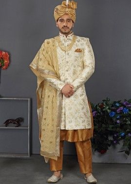 Readymade White Groom Sherwani Set In Silk
