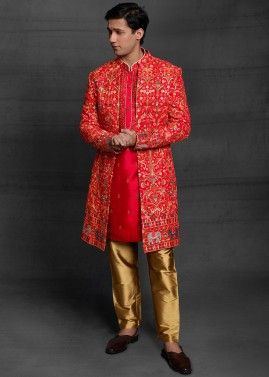 Readymade Red Embroidered Sherwani Set In Silk