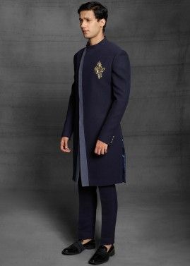 Blue Embroidered Indo Western Sherwani With Trouser