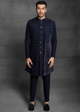 Readymade Navy Blue Embroidered Sherwani Set In Rayon
