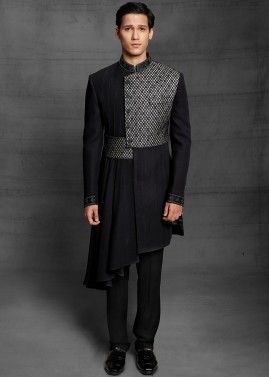 Black Embroidered Indo Western Sherwani In Asymmetric Style