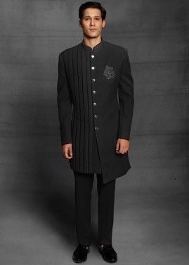 Asymmetric Indo Western Sherwani In Black