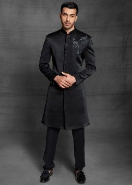 Black Embroidered Indo Western Sherwani With Trouser