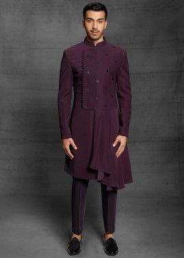Readymade Purple Asymmetric Indo Western Sherwani