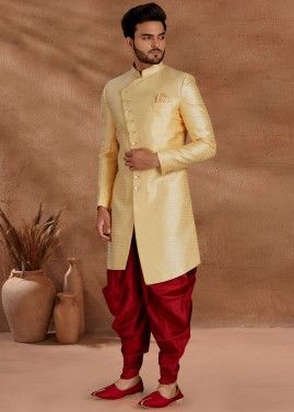Yellow Asymmetric Readymade Jacquard Sherwani For Groom