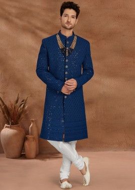 Blue Sequined Readymade Silk Sherwani For Groom