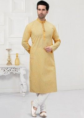 Readymade Mens Yellow Kurta Pajama In Cotton