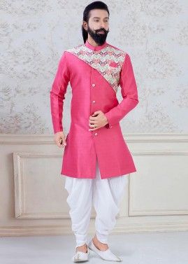 Pink Printed Sherwani With Dhoti In Silk