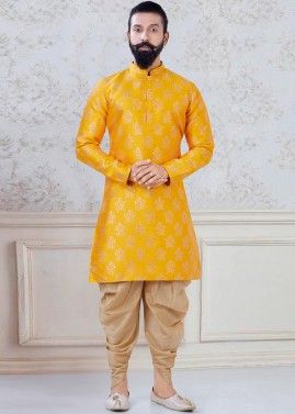 Yellow Woven Kurta With Dhoti For Men