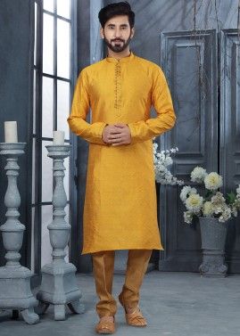 Yellow Embroidered Kurta With Churidar For Men