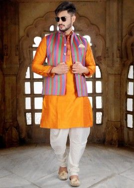 Orange Kurta Dhoti Set With Woven Nehru Jacket