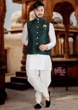 White Dhoti Kurta Set With Embroidered Jacket