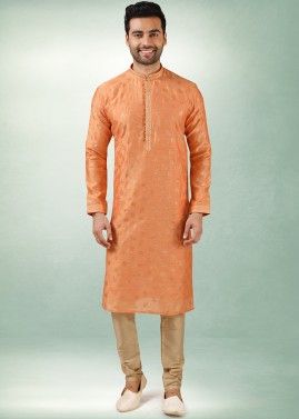 Orange Readymade Printed Kurta Pajama For Men