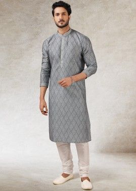 Printed Readymade Art Silk Kurta Pajama In Grey