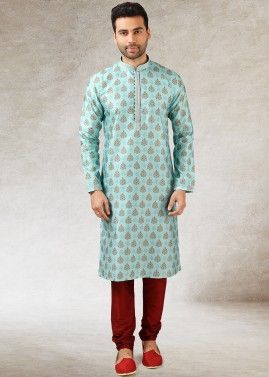 Readymade Turquoise Kurta Pajama In Straight Cut
