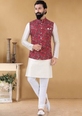 Kurta Pajama for Men - Buy Pearl White Kurta Jacket With Printed Motifs  Online @Manyavar