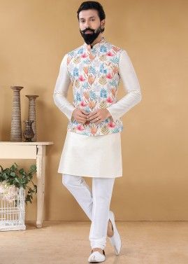 Off White Readymade Kurta Pajama With Cotton Jacket