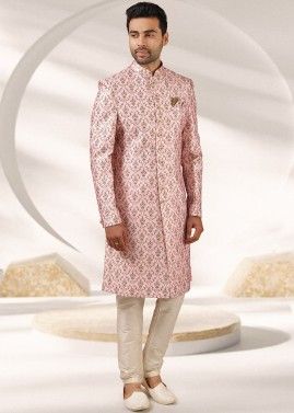 Readymade Pink Printed Sherwani With Churidar