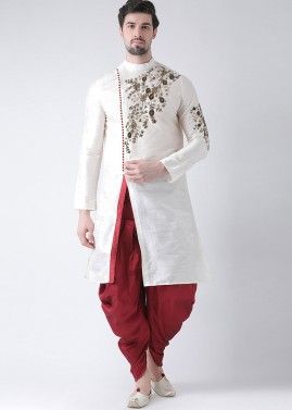 Readymade Mens White Embroidered Kurta With Dhoti