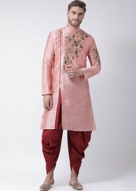Pink Embroidered Slit Style Angrakha Dhoti Kurta Set