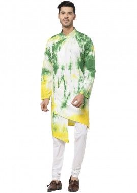 Off White Asymmetric Kurta Pajama In Tie-Dye Print