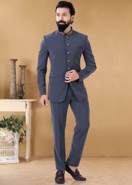Grey Readymade Rayon Bandhgala Jodhpuri Suit