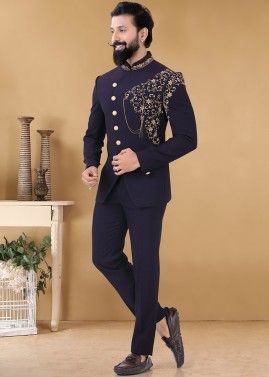 Men Custom Made Designer Black 2 Piece Cotton Suit Embroidered and