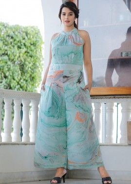 Green Readymade Printed Jumpsuit In Chiffon