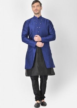Black Kurta Churidar Set With Blue Jacket For Men