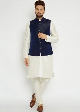 White Kurta Pajama Set With Nehru Jacket For Men