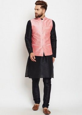 Mens Black Kurta Pajama With Pink Nehru Jacket