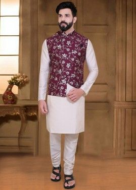 Mens Kurta Pajama With Printed Nehru Jacket In Cream