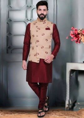 Maroon Kurta Pajama With Asymmetric Nehru Jacket