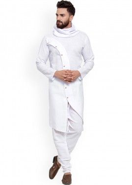 White Readymade Cowl Neck Kurta Pyjama In Cotton
