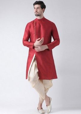 Red Dupion Silk Side Slit Style Kurta With Dhoti