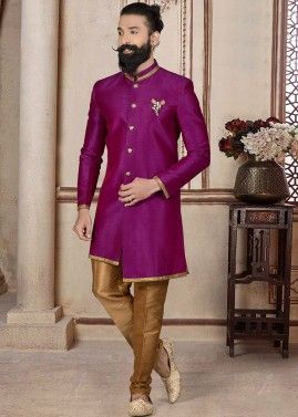 Purple Lace Work Asymmetric Indo Western Sherwani Set