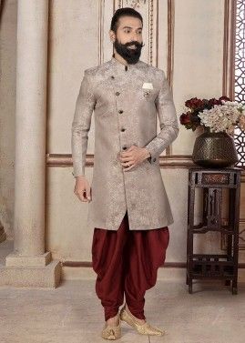 Grey Mens Indo Western Sherwani Set In Woven Design