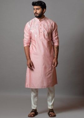 Readymade Pink Embroidered Cotton Silk Kurta Pajama