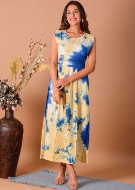 Yellow And Blue Printed Readymade Viscose Dress