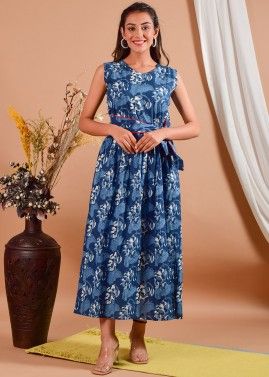 Blue Readymade Floral Dress In Cotton