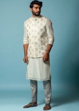 White Beaded Readymade Linen Nehru Jacket