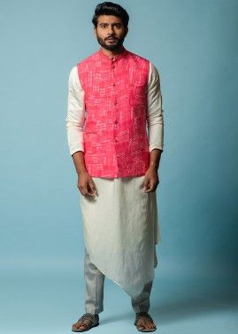 Peach Printed Readymade Nehru Jacket In Art Silk