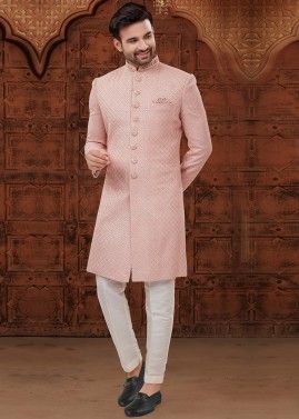 Pink Chikankari Embroidered Readymade Sherwani In Georgette