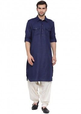 Readymade Navy Blue Mens Cotton Pathani Suit Set