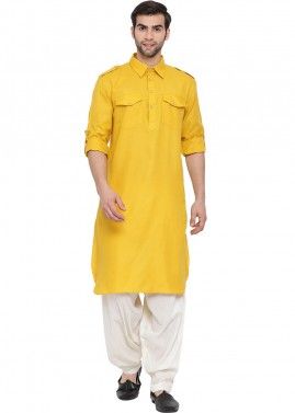 Readymade Yellow Pathani Suit Set In Cotton