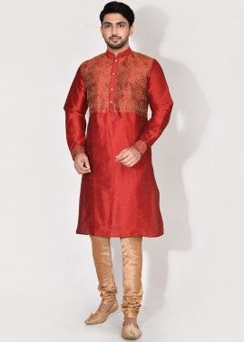 Mens Red Kurta Pajama In Resham Embroidery