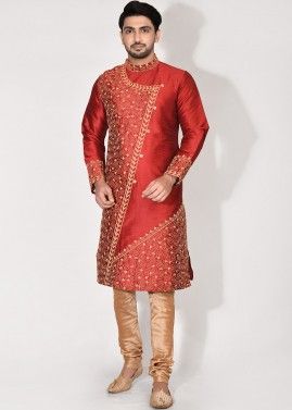 Red Embroidered Kurta Pajama For Men