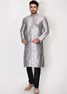 Silver Embroidered Kurta With Churidar For Men