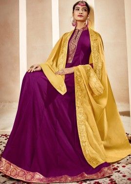 Purple Woven Design Anarkali Cotton Kurta